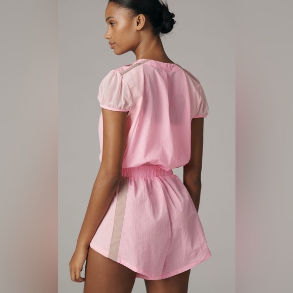 🆕 Daily Practice Puff Sleeve Front Zip Pink and Tan Short Sleeve Romper - Picture 3 of 13